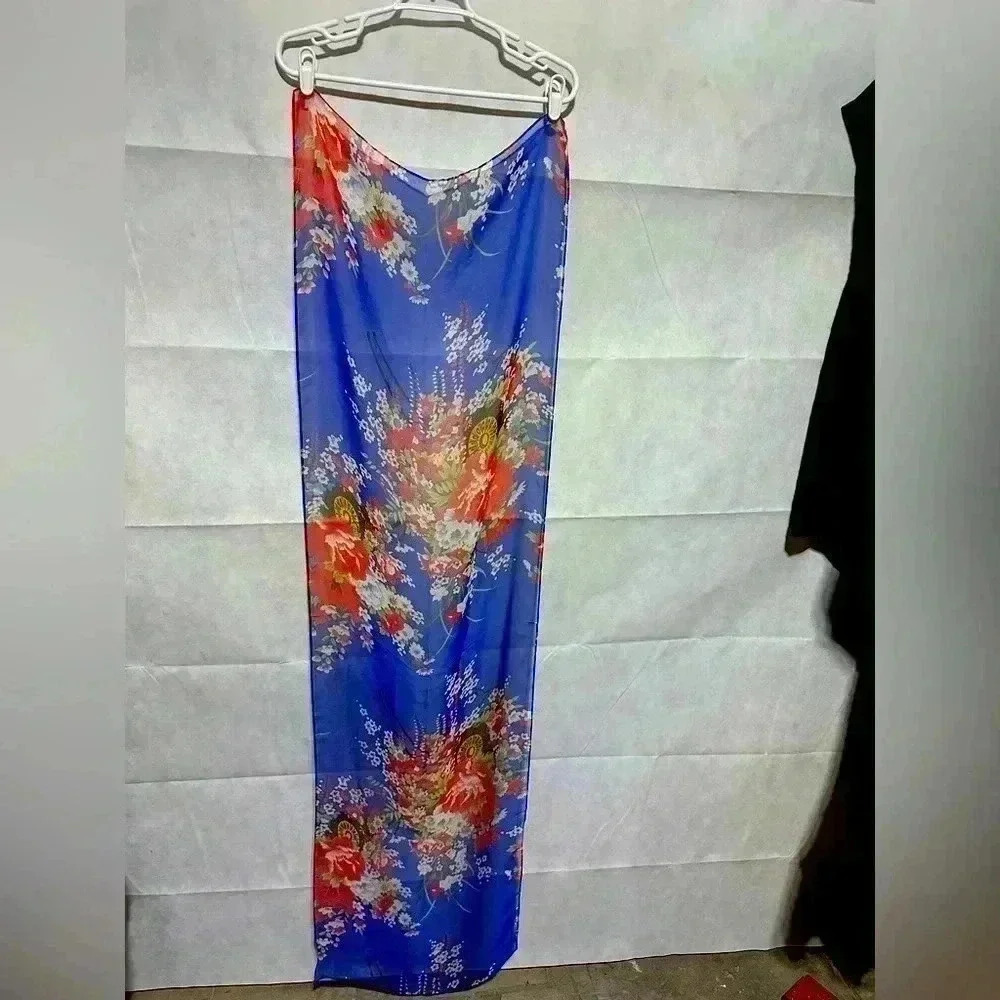 Lot of 2 Silk Feel Scarves Asian Inspired Floral Palm Leaf Sheer Colorful Long